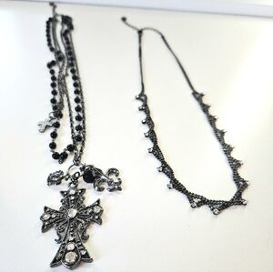 Set of 2 Necklaces Multi Layered Black Silver Cross Necklace + Diamond, Black